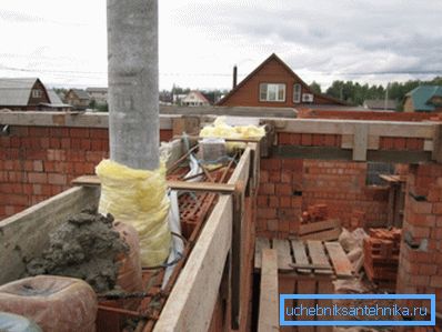 Zdjęcie przedstawia instalację rur azbestowo-cementowych w ścianie z cegieł nośnych. Zdjęcie przedstawia instalację rur azbestowo-cementowych w ścianie z cegieł nośnych.