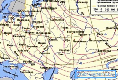 Mapa pokazuje wartości głębokości zamarzania dla różnych rejonów przestrzeni poradzieckiej (wartości pośrednie są określane przez interpolację) Mapa pokazuje wartości głębokości zamarzania dla różnych rejonów przestrzeni poradzieckiej (wartości pośrednie są określane przez interpolację)