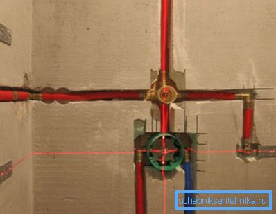 Niezależna instalacja centralnej części wbudowanego mieszacza w ścianę, wlot i wylot wody z niego Niezależna instalacja centralnej części wbudowanego mieszacza w ścianę, wlot i wylot wody z niego